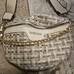 Metallic Cream & Gold Crossbody Bag With Chain